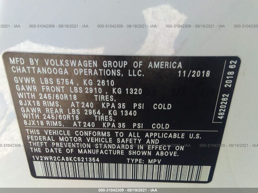 2019 VOLKSWAGEN ATLAS 3.6L V6 SE W/TECHNOLOGY 1V2WR2CA8KC521354