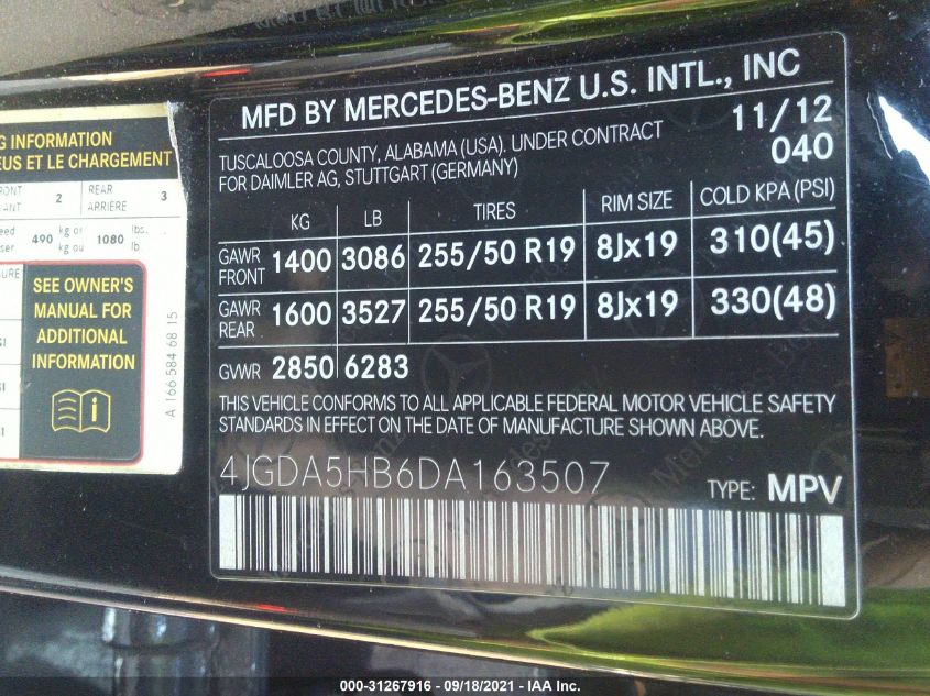 2013 MERCEDES-BENZ M-CLASS ML 350 4JGDA5HB6DA163507