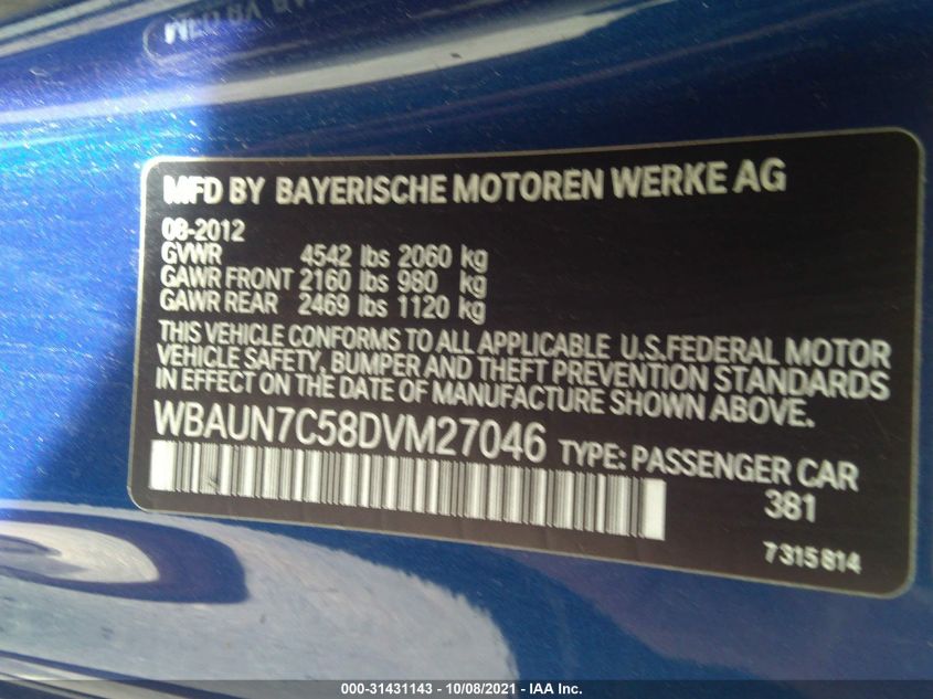 2013 BMW 1 SERIES 135I/135IS WBAUN7C58DVM27046