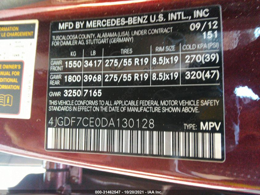 2013 MERCEDES-BENZ GL-CLASS GL 450 4JGDF7CE0DA130128