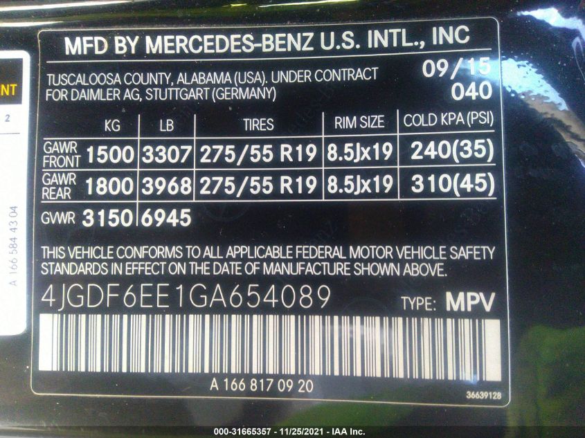 2016 MERCEDES-BENZ GL GL 450 4JGDF6EE1GA654089