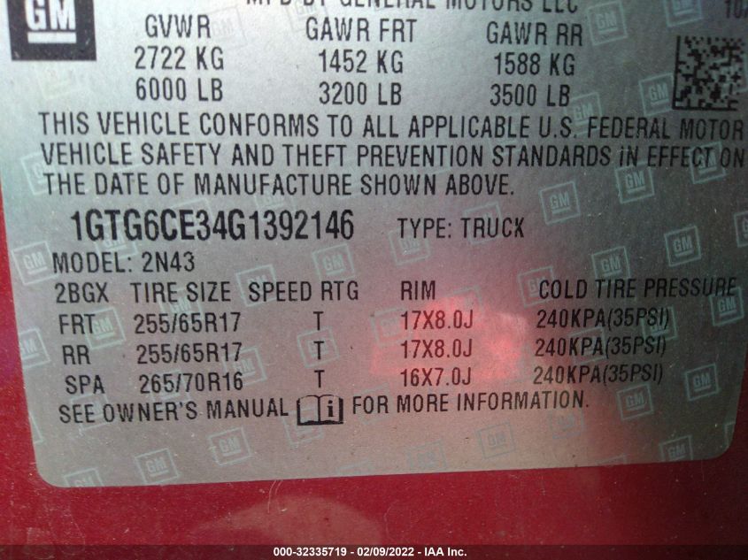 2016 GMC CANYON 4WD SLE 1GTG6CE34G1392146