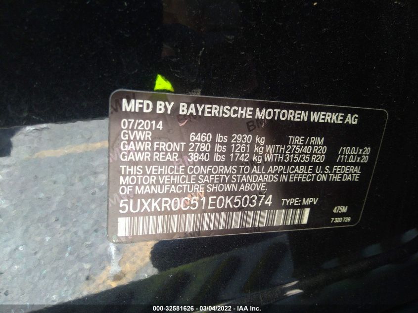 2014 BMW X5 XDRIVE35I 5UXKR0C51E0K50374