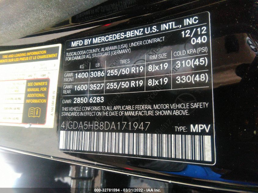 2013 MERCEDES-BENZ M-CLASS ML 350 4JGDA5HB8DA171947