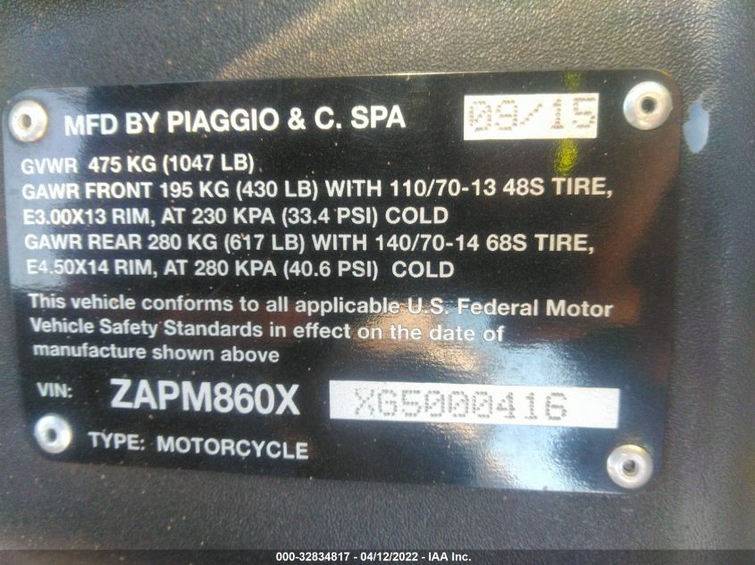 2016 PIAGGIO MP3 500 SPORT ABS ZAPM860XXG5000416