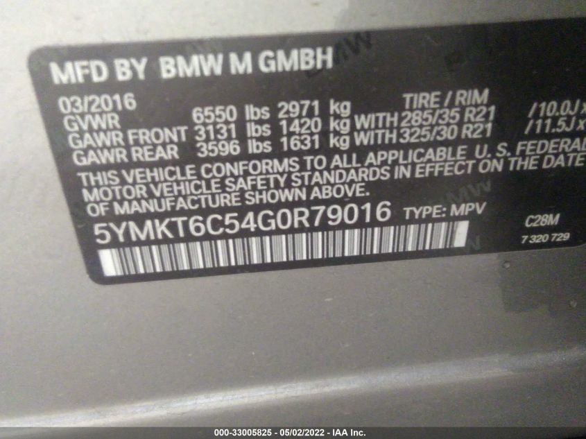 2016 BMW X5 M 5YMKT6C54G0R79016