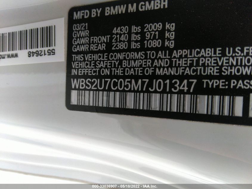 2021 BMW M2 COMPETITION WBS2U7C05M7J01347