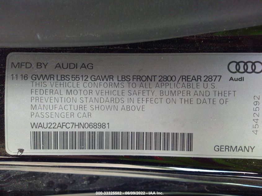 2017 AUDI A7 PRESTIGE WAU22AFC7HN068981