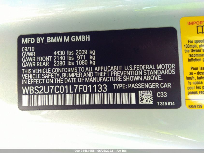 2020 BMW M2 COMPETITION WBS2U7C01L7F01133