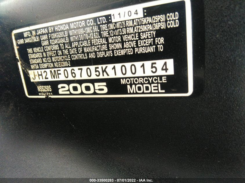 2005 HONDA NSS250 S JH2MF06705K100154