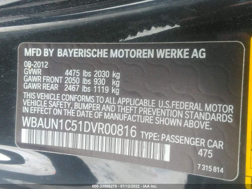 2013 BMW 1 SERIES 128I WBAUN1C51DVR00816