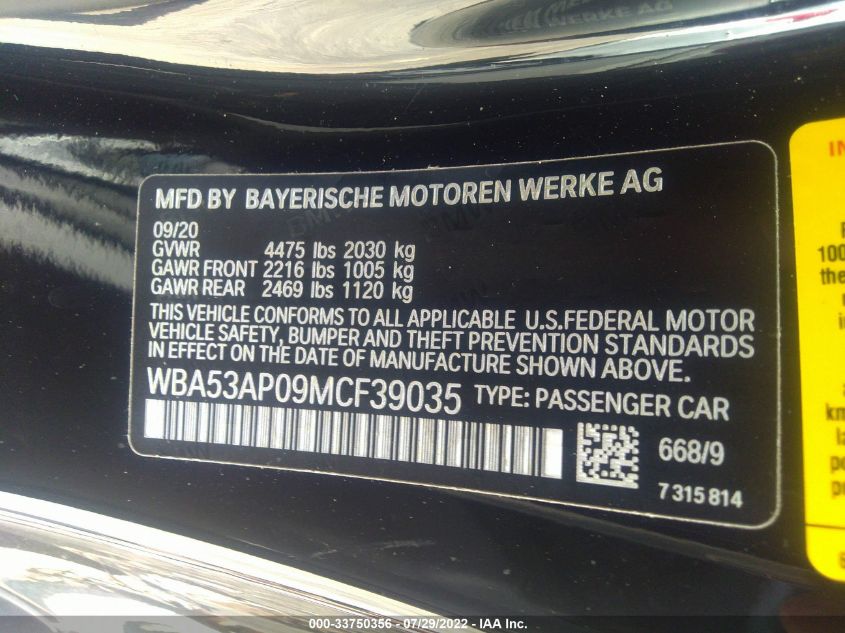 2021 BMW 430I WBA53AP09MCF39035