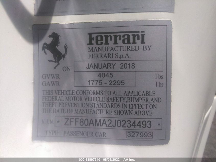 2018 FERRARI 488 SPIDER ZFF80AMA2J0234493