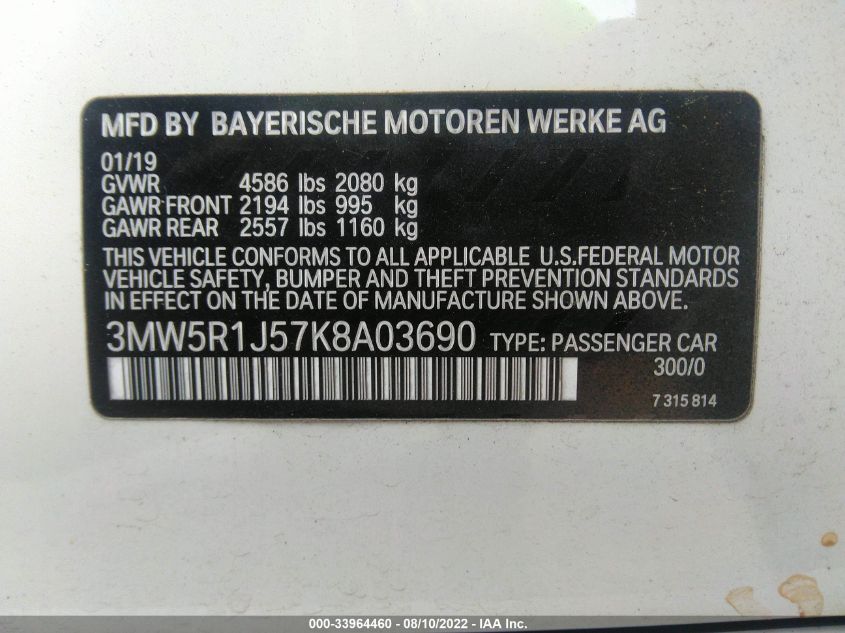 2019 BMW 330I 3MW5R1J57K8A03690