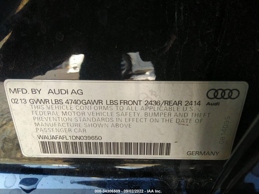 2013 AUDI A4 PREMIUM - WAUAFAFL1DN039650
