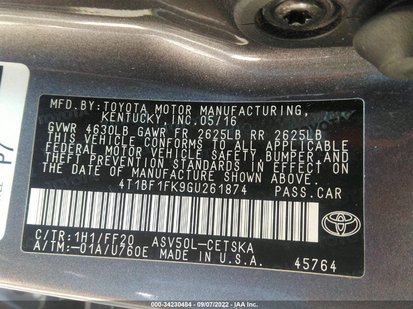 2016 TOYOTA CAMRY XLE/SE/LE/XSE - 4T1BF1FK9GU261874