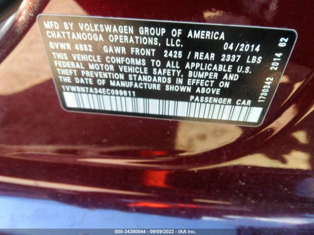 Volkswagen Passat Tdi Se W/sunroof 2014 1VWBN7A34EC099811 Thumbnail 9