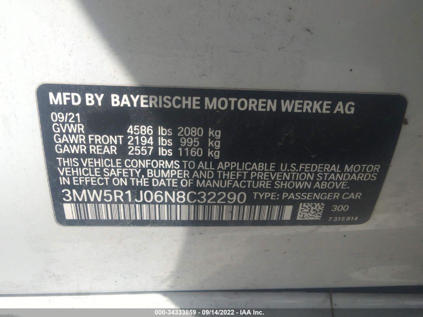 2022 BMW 330I 3MW5R1J06N8C32290