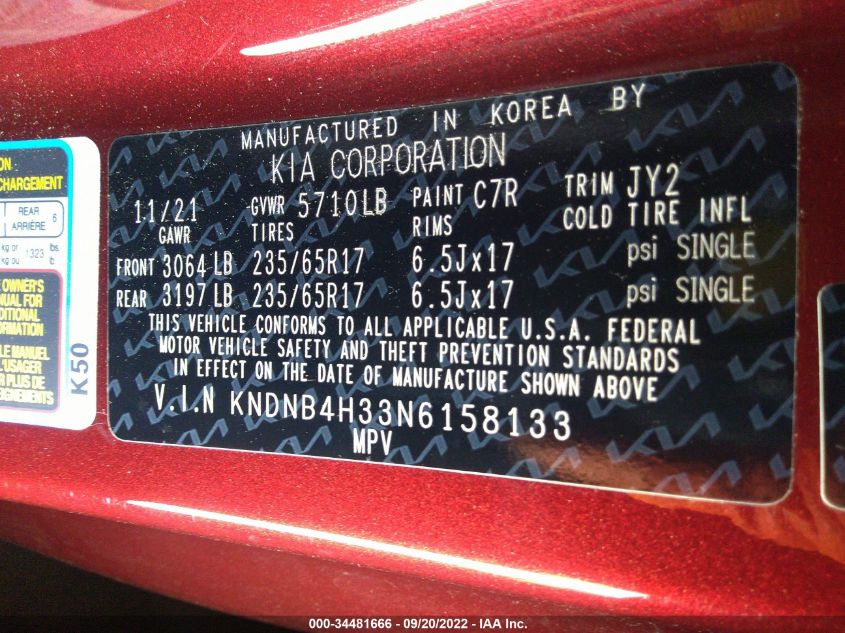 2022 KIA CARNIVAL MPV LX SEAT PACKAGE KNDNB4H33N6158133