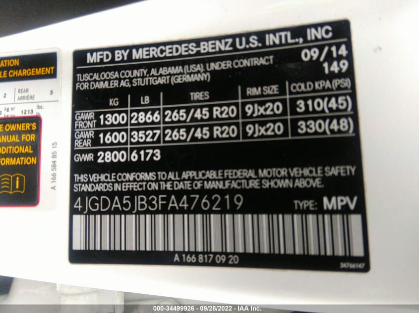 2015 MERCEDES-BENZ ML 350 4JGDA5JB3FA476219
