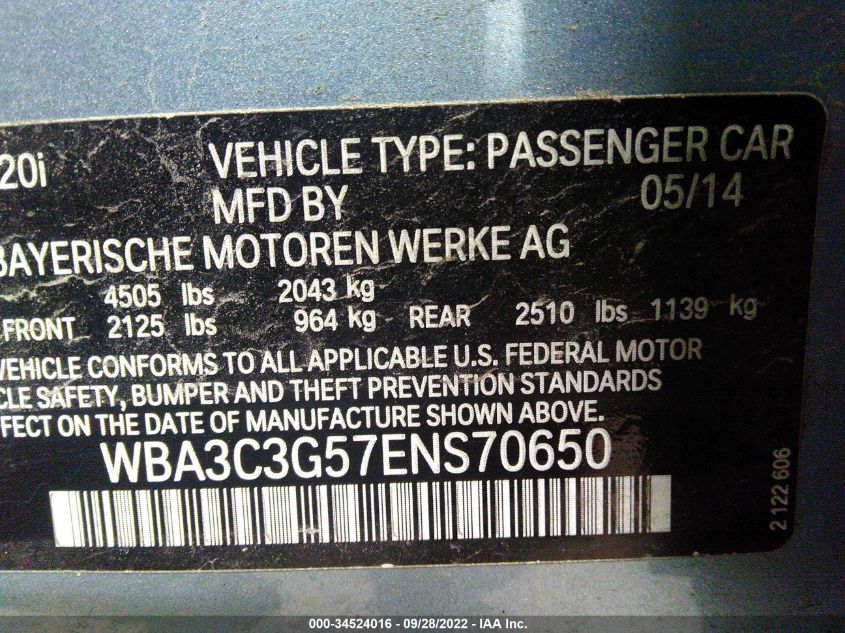 2014 BMW 3 SERIES 320I XDRIVE WBA3C3G57ENS70650