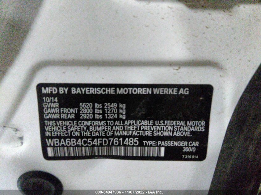 2015 BMW 650I GRAN COUPE XDRIVE WBA6B4C54FD761485