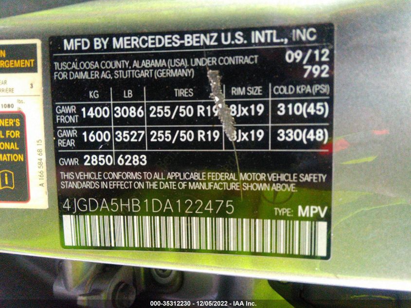 2013 MERCEDES-BENZ ML 350 4JGDA5HB1DA122475