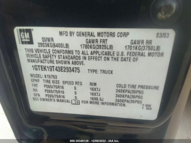 2003 GMC SIERRA 1500 SLT VIN: 1GTEK19T43E293475