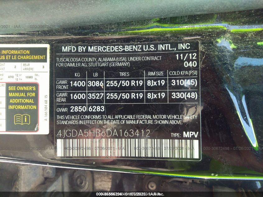 2013 MERCEDES-BENZ M-CLASS ML 350 4JGDA5HB6DA163412