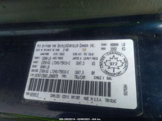 2001 DODGE RAM 2500 VIN: 1B7KF23681J208979
