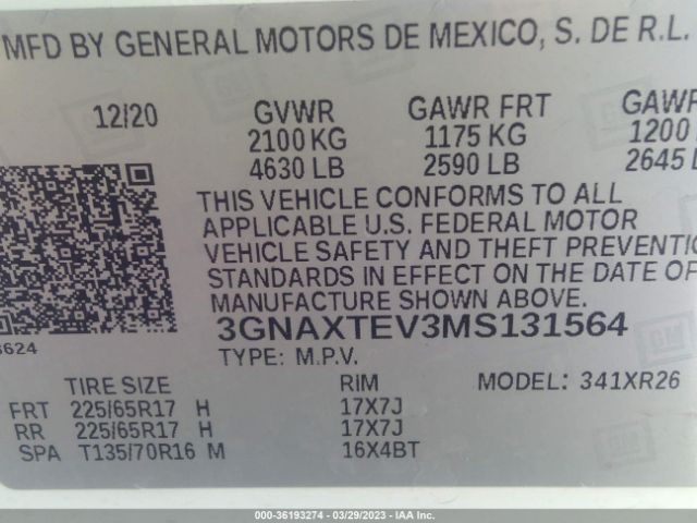 Chevrolet EQUINOX LT 2021 3GNAXTEV3MS131564 Thumbnail 9