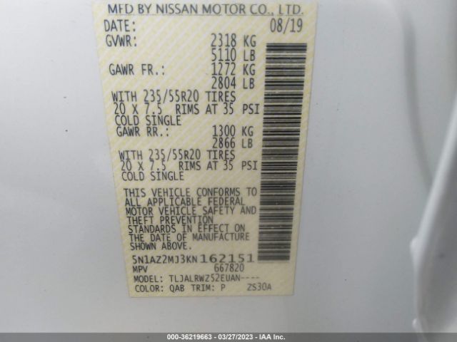 Nissan MURANO SL 2019 5N1AZ2MJ3KN162151 Image 9