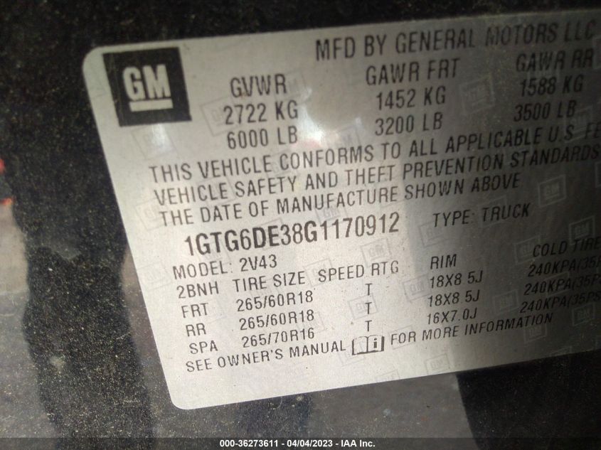 2016 GMC CANYON 4WD SLT 1GTG6DE38G1170912