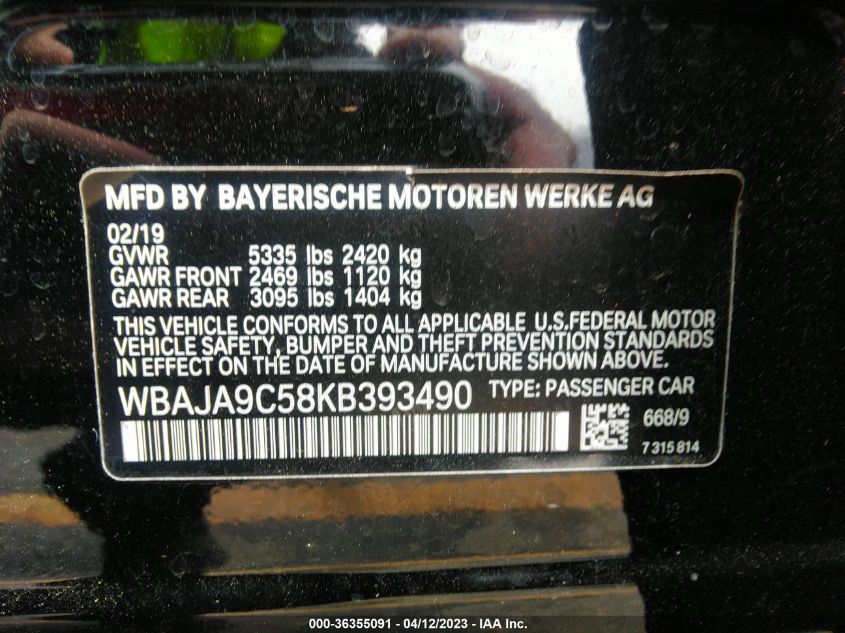 2019 BMW 5 SERIES 530E IPERFORMANCE WBAJA9C58KB393490
