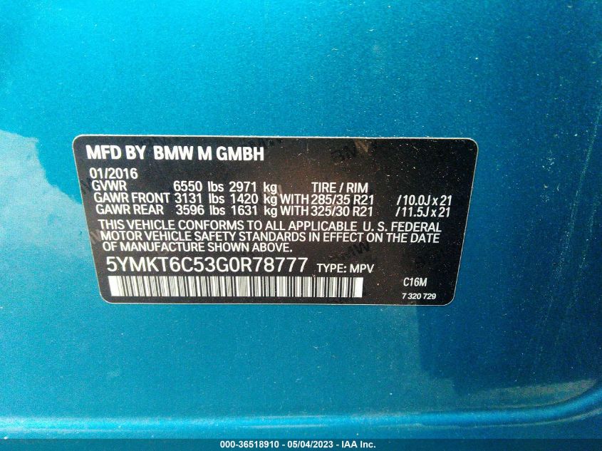 2016 BMW X5 M 5YMKT6C53G0R78777