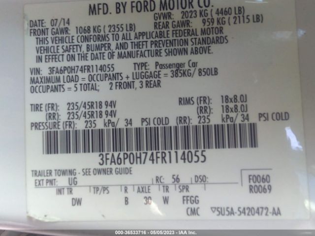 Ford FUSION SE 2015 3FA6P0H74FR114055 Image 9