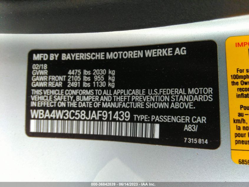 2018 BMW 430I WBA4W3C58JAF91439