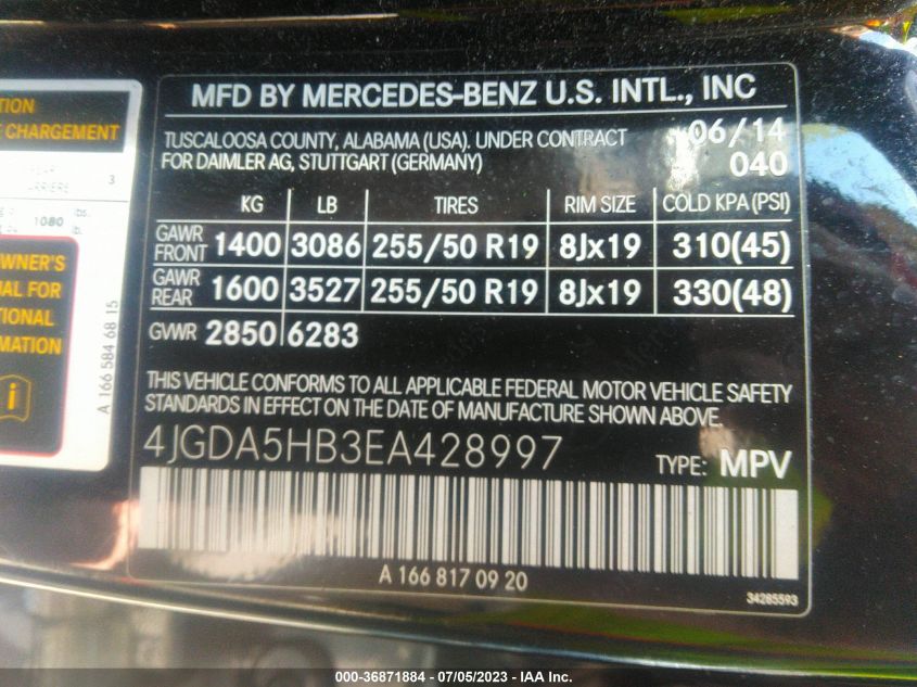 2014 MERCEDES-BENZ ML 350 4JGDA5HB3EA428997