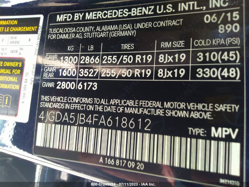 2015 MERCEDES-BENZ ML 350 4JGDA5JB4FA618612