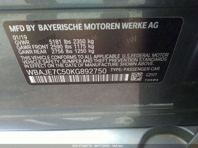 2019 BMW 5 SERIES 540I XDRIVE - WBAJE7C50KG892750