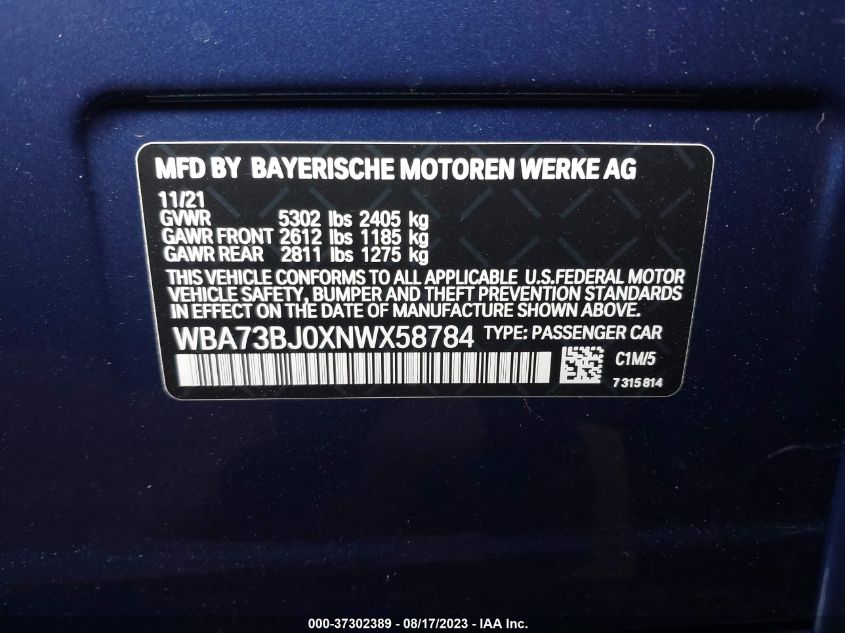 2022 BMW 5 SERIES 540I XDRIVE - WBA73BJ0XNWX58784