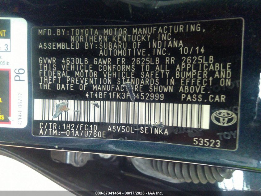 2015 TOYOTA CAMRY XLE/SE/LE/XSE - 4T4BF1FK3FR452999