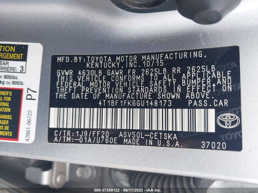 2016 TOYOTA CAMRY XLE/SE/LE/XSE - 4T1BF1FK6GU148173