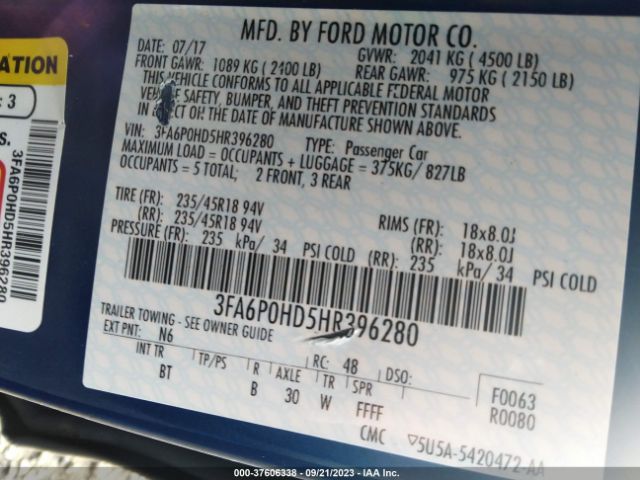Ford FUSION SE 2017 3FA6P0HD5HR396280 Thumbnail 9