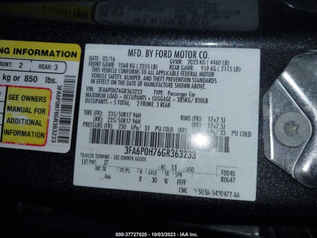 Ford FUSION SE 2016 3FA6P0H76GR363233 Image 9