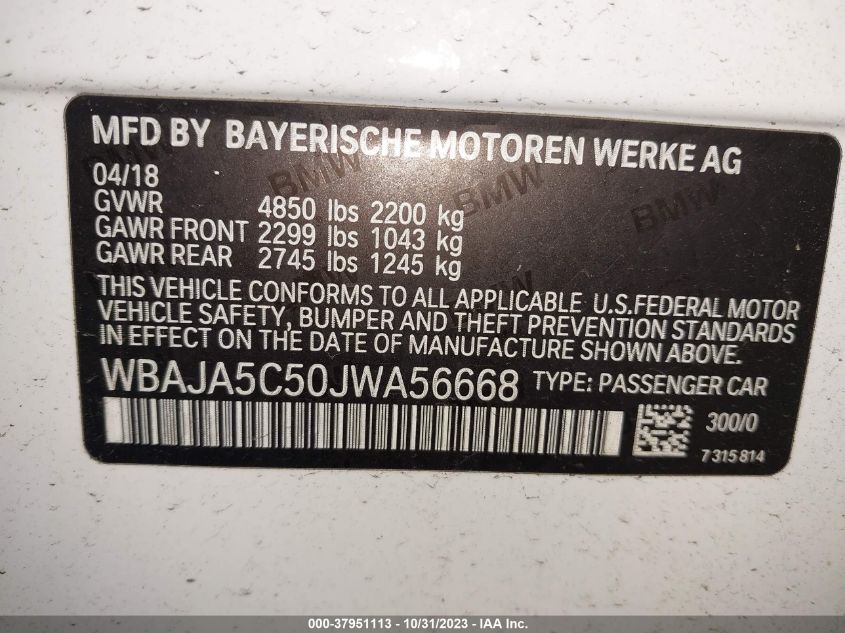 2018 BMW 530I 2L I-4  DI, DOHC, VV(VIN: WBAJA5C50JWA56668
