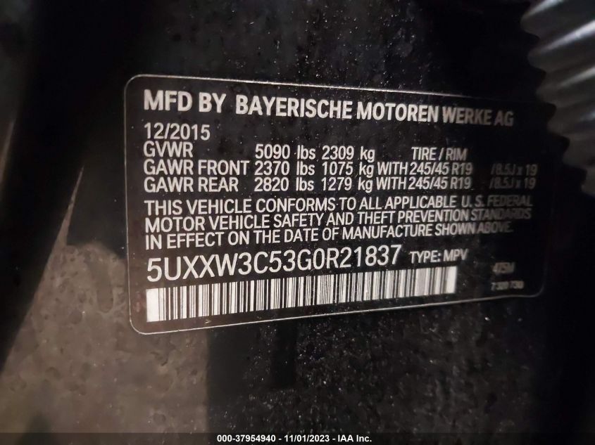 2016 BMW X4 2.0L TWINPOWER TURBO(VIN: 5UXXW3C53G0R21837
