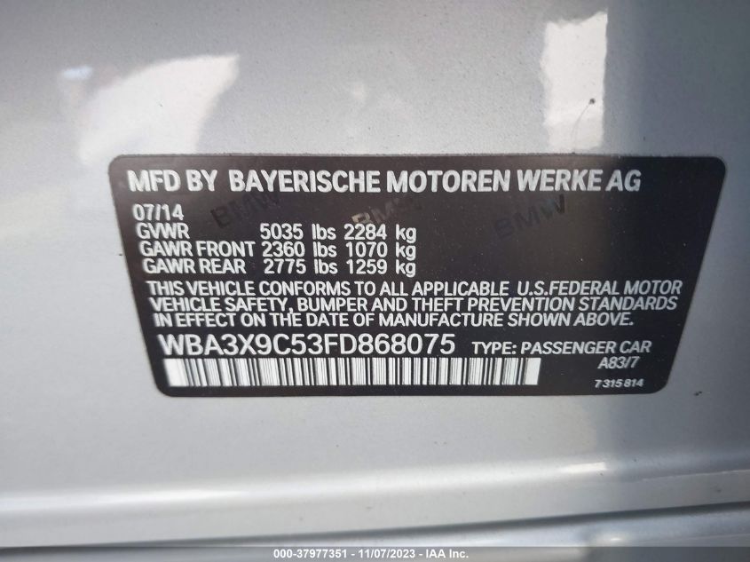 2015 BMW 335I GRAN TURISMO XDRIVE WBA3X9C53FD868075