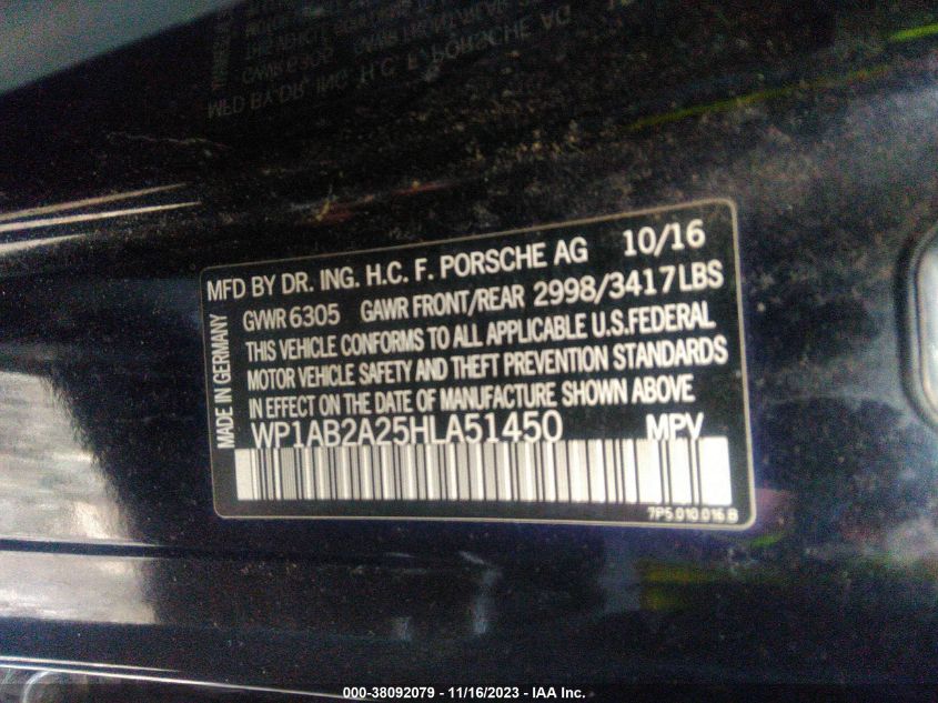 2017 PORSCHE CAYENNE 3.6L V6 FI DOHC 24V (VIN: WP1AB2A25HLA51450