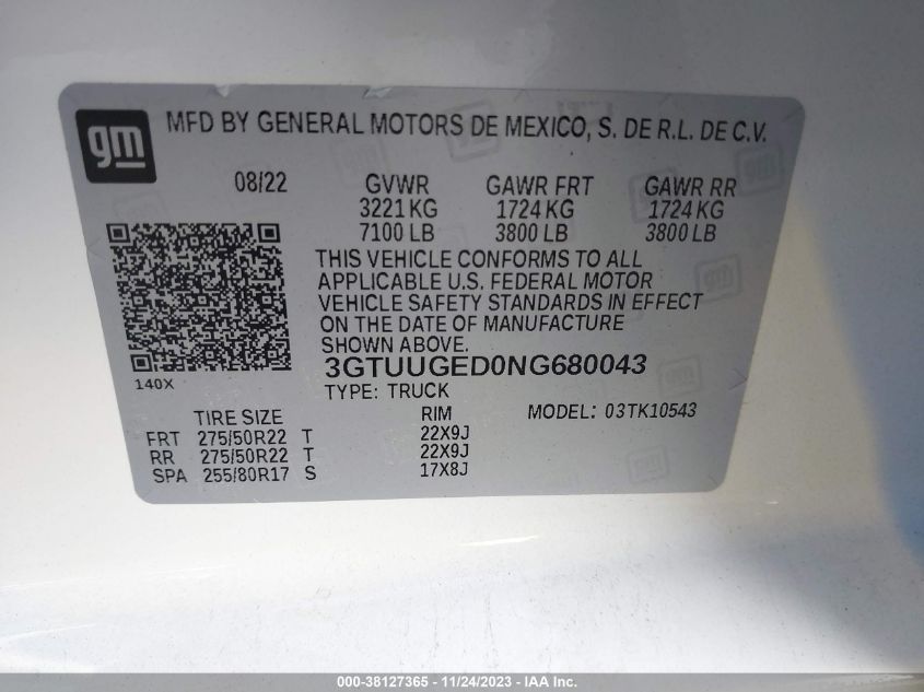 VIN 3GTUUGED0NG680043 GMC Sierra 1500 4WD  SHORT BOX DENALI 2022 9